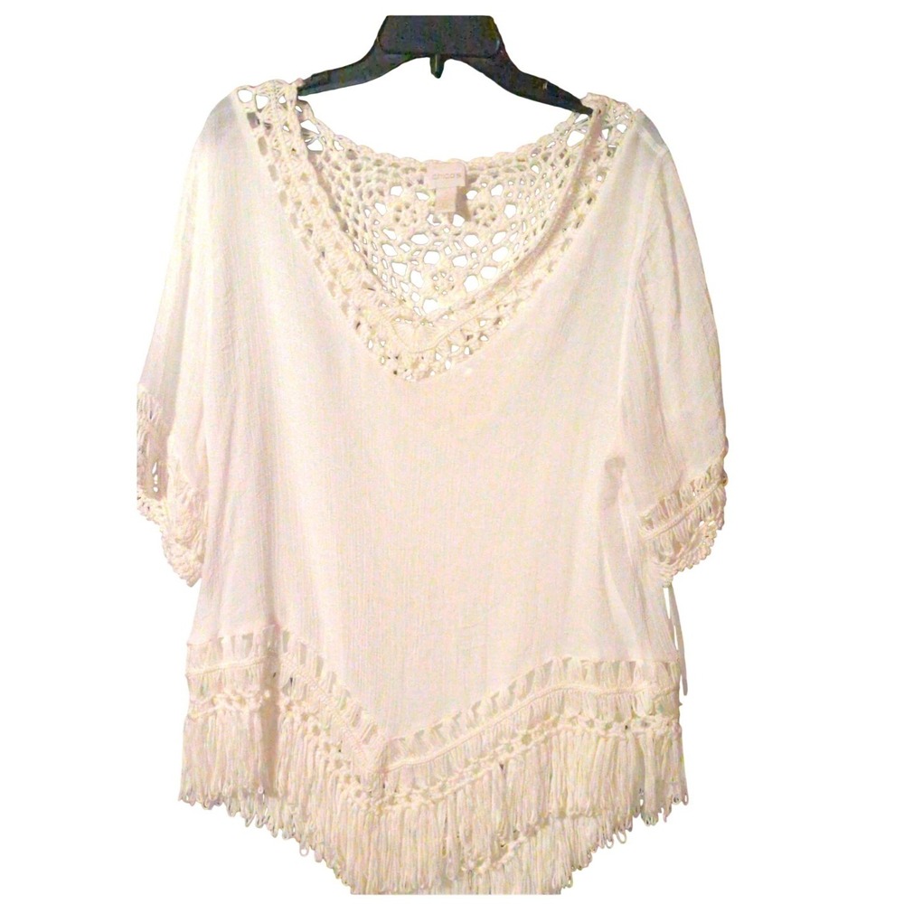 Chico's White Crochet Lace Trim Fringe Tunic Top Beach Cover Up Size 2- Large - Picture 2 of 7